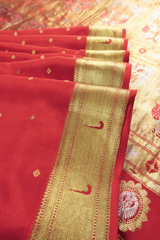 Vermillion Red Pure Crepe Silk Banarasi Saree with Diamond Buttis, Peacock Chakras & Grand Zari Pallu