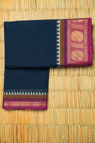 Navy blue Chettinad cotton saree with magenta and gold zari border and woven striped pallu