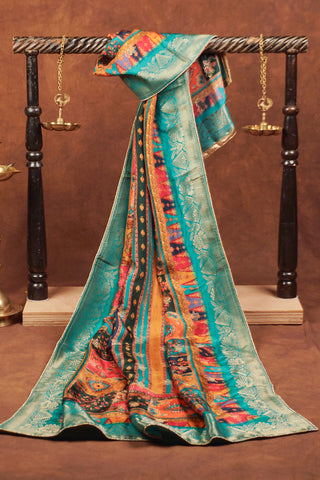 Multicolor art silk dupatta with digital floral patches, kalka motifs, turquoise zari Banarasi border and golden piping