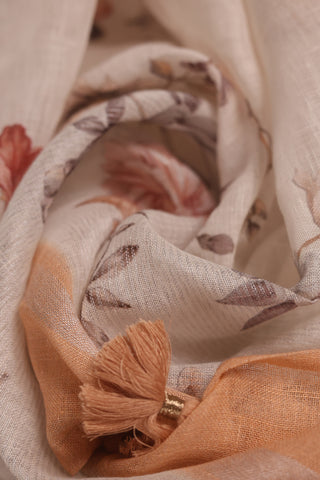 Beige Linen Saree with Delicate Floral Print and Tassel Border