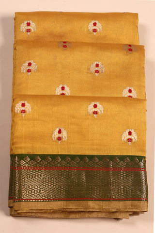 Mustard Yellow Chanderi Silk Saree with dotted buttas and two-toned border