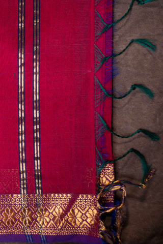 Fuchsia Maroon and Silver Zari Striped Maheshwari Saree