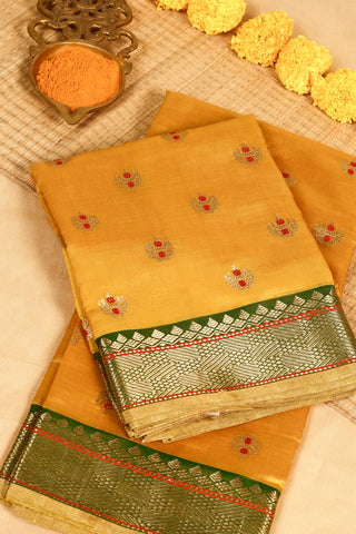 Mustard Yellow Chanderi Silk Saree with dotted buttas and two-toned border
