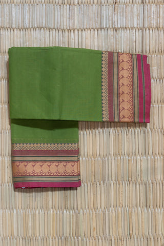 Parrot Green Chettinad Cotton Saree with Yellow Paisley and Pink Salvage