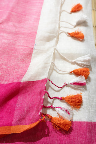 Pure White Linen Saree with Pink and Orange Pallu