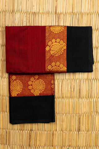 Maroon and Black Chettinad Cotton Saree with Gold Zari Peacock and Floral Border