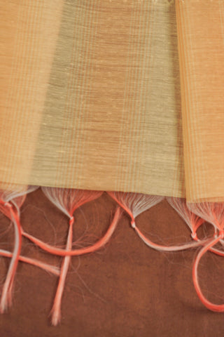 Pastel yellow art Banarasi silk dupatta with silver zari floral vine jaal, peach selvage and white-peach tassels