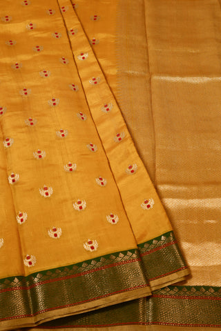 Mustard Yellow Chanderi Silk Saree with dotted buttas and two-toned border