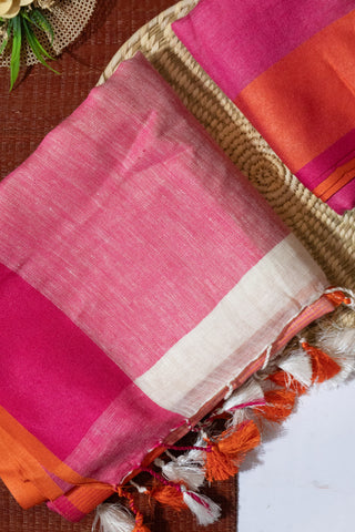 Pure White Linen Saree with Pink and Orange Pallu
