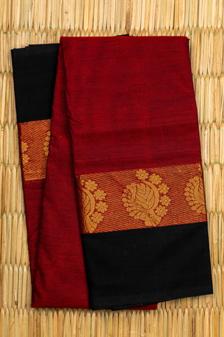 Maroon and Black Chettinad Cotton Saree with Gold Zari Peacock and Floral Border