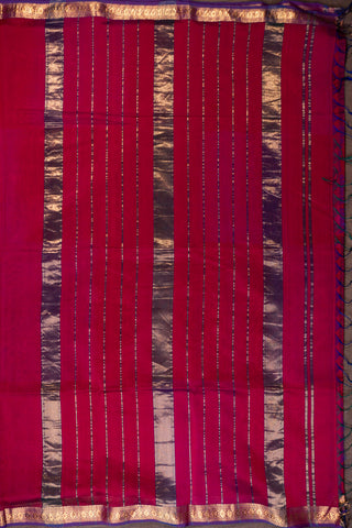 Fuchsia Maroon and Silver Zari Striped Maheshwari Saree