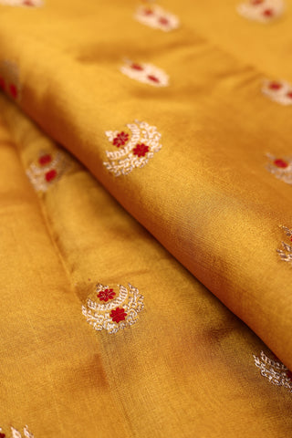 Mustard Yellow Chanderi Silk Saree with dotted buttas and two-toned border