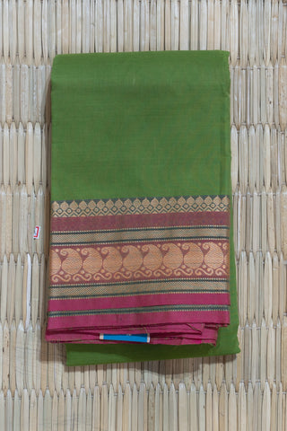 Parrot Green Chettinad Cotton Saree with Yellow Paisley and Pink Salvage