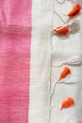 Pure White Linen Saree with Pink and Orange Pallu