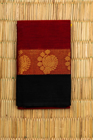 Maroon and Black Chettinad Cotton Saree with Gold Zari Peacock and Floral Border