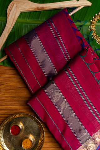 Fuchsia Maroon and Silver Zari Striped Maheshwari Saree