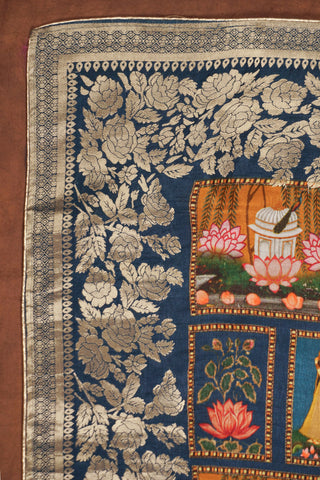 Multicolor Pichwai printed Dola silk dupatta with lotus ponds and kamdhenu motifs, royal blue silver zari floral border