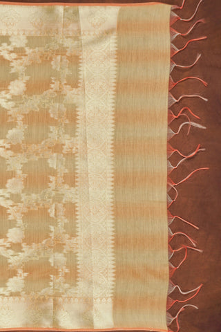 Pastel yellow art Banarasi silk dupatta with silver zari floral vine jaal, peach selvage and white-peach tassels