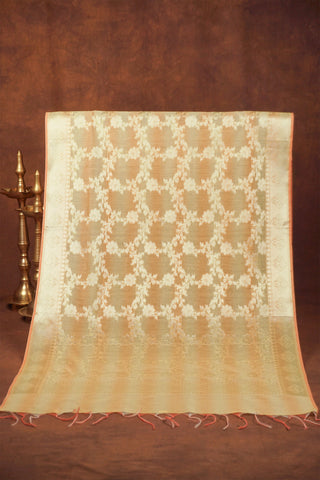 Pastel yellow art Banarasi silk dupatta with silver zari floral vine jaal, peach selvage and white-peach tassels
