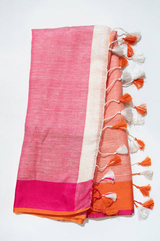 Pure White Linen Saree with Pink and Orange Pallu