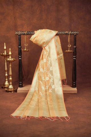 Pastel yellow art Banarasi silk dupatta with silver zari floral vine jaal, peach selvage and white-peach tassels