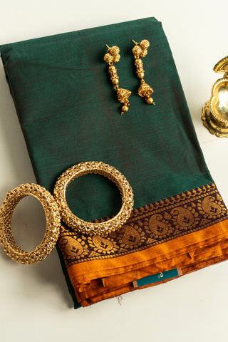 Forest Green Chettinad Cotton Saree with Mango Yellow Zari Paisley Border