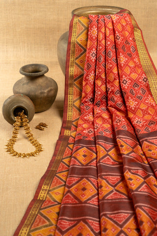 Red and Gold Art Silk Patola Print Saree with diamond ikat motifs