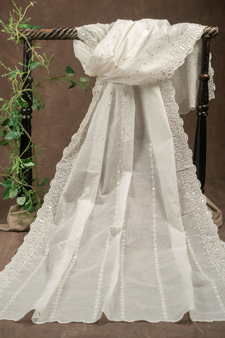 White Kota Doria dupatta with cutwork scalloped border and mirror embroidery