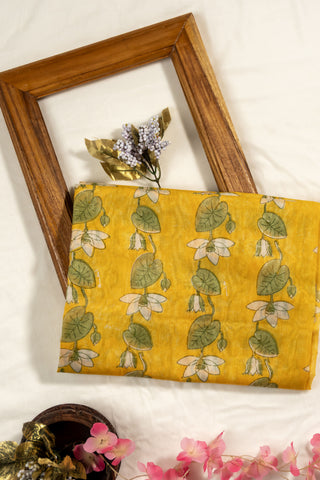 Yellow Chanderi dupatta with lotus print and zig zag pallu