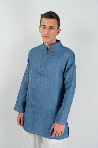 Steel Blue Kantha Embroidered Short Kurta