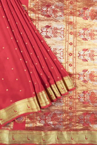 Vermillion Red Pure Crepe Silk Banarasi Saree with Diamond Buttis, Peacock Chakras & Grand Zari Pallu