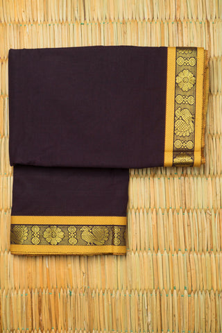 Plum Chettinad cotton saree with mustard gold zari border and paisley floral motifs