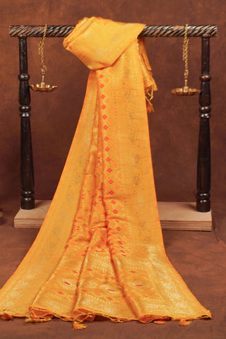 Marigold yellow Banarasi dupatta with gold zari diamond jaal, red and orange meenakari florals and woven pallu with tassels