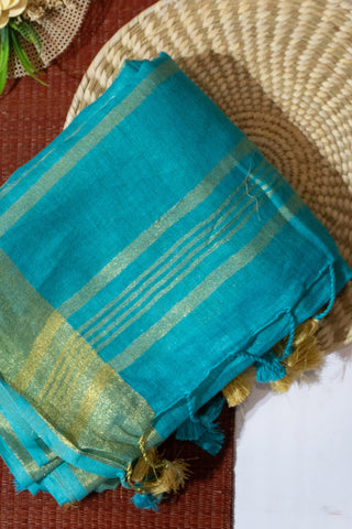 Sea Blue and Gold Pure Linen Saree