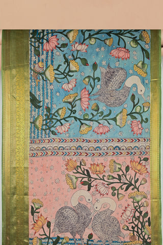 Kalamkari silk saree with crane and lotus motifs