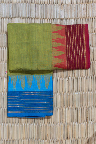 Lime Green Chettinad Cotton Saree with Dual Temple Borders