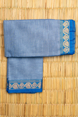 Steel Blue Chettinad Cotton Saree with Royal Blue and Gold Paisley Border