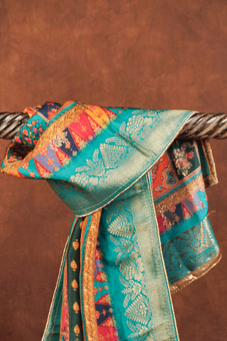 Multicolor art silk dupatta with digital floral patches, kalka motifs, turquoise zari Banarasi border and golden piping