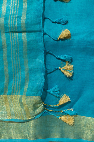 Sea Blue and Gold Pure Linen Saree