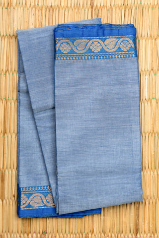 Steel Blue Chettinad Cotton Saree with Royal Blue and Gold Paisley Border
