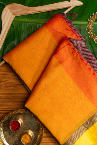 Orange Yellow Dual Tone Color Block Maheshwari Saree