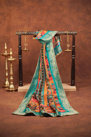 Multicolor art silk dupatta with digital floral patches, kalka motifs, turquoise zari Banarasi border and golden piping