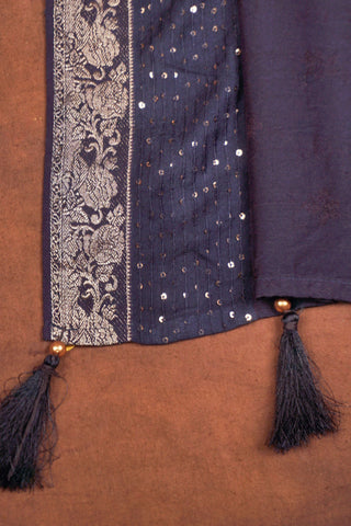 Navy blue jacquard dupatta with self-woven florals, sequin work, silver Banarasi zari floral border and tassels