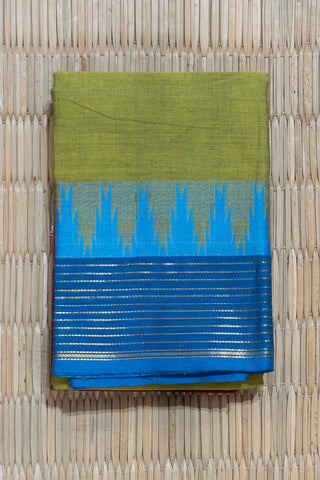 Lime Green Chettinad Cotton Saree with Dual Temple Borders