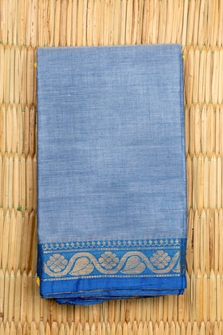 Steel Blue Chettinad Cotton Saree with Royal Blue and Gold Paisley Border