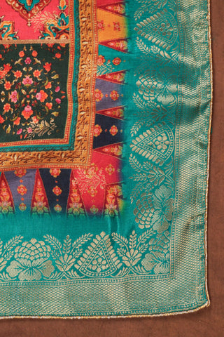 Multicolor art silk dupatta with digital floral patches, kalka motifs, turquoise zari Banarasi border and golden piping