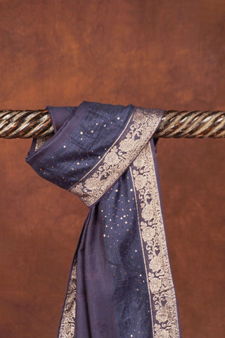 Navy blue jacquard dupatta with self-woven florals, sequin work, silver Banarasi zari floral border and tassels