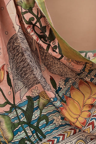 Kalamkari silk saree with crane and lotus motifs