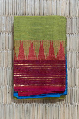 Lime Green Chettinad Cotton Saree with Dual Temple Borders