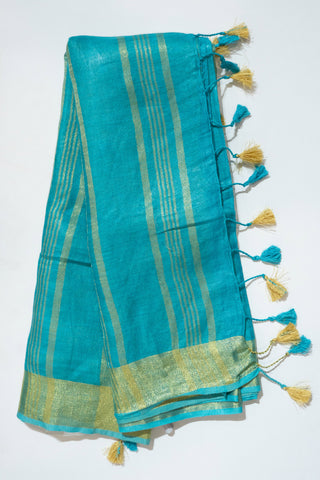 Sea Blue and Gold Pure Linen Saree